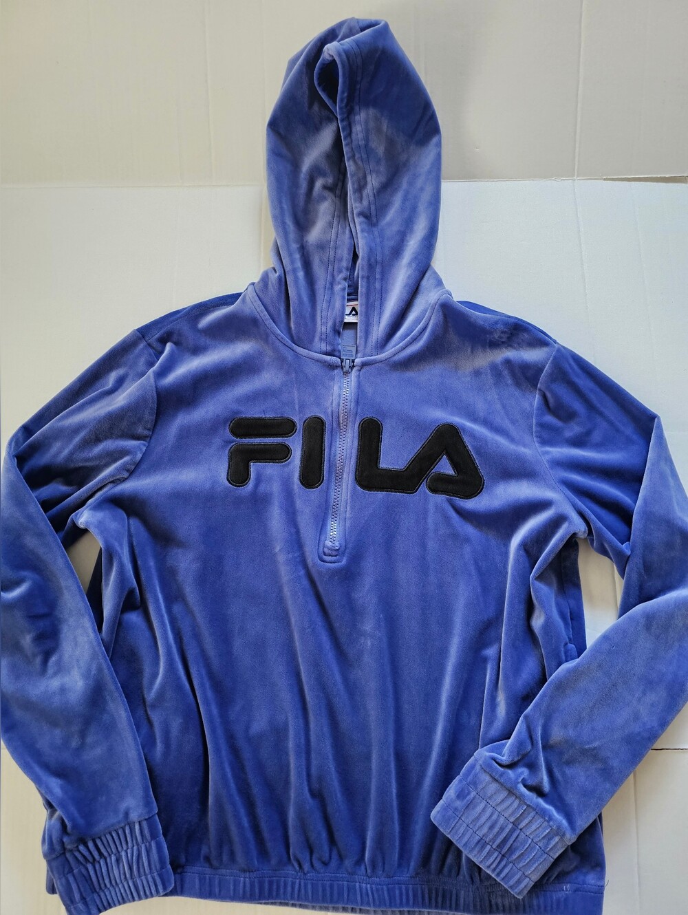 Fila Royal Blue Velour Half-Zip Hoodie Sweater Size L